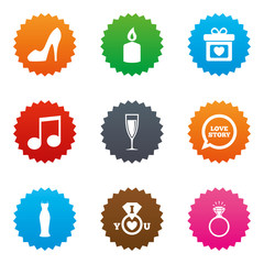 Wedding, engagement icons. Ring with diamond.