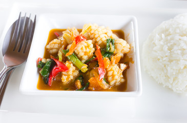 fried squid with salted egg and rice.