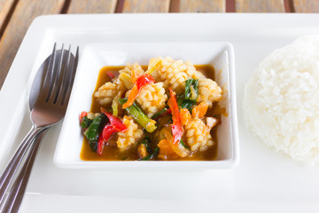 fried squid with salted egg and rice.