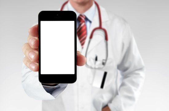 Doctor showing information on a smartphone
