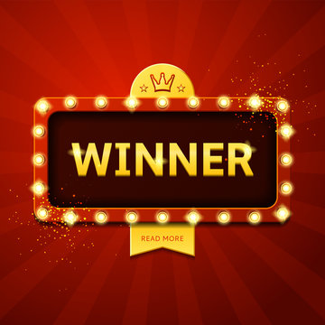 Winner retro banner with glowing lamps. Vector illustration for winners of poker, cards, roulette and  lottery.