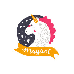 Vector baby unicorn. Kids illustration for design prints, cards and birthday invitations. Girl card with cute unicorn, hearts and hand drawn lettering, Magical