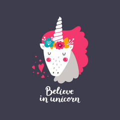 Vector baby unicorn. Kids illustration for design prints, cards and birthday invitations. Girl cards with cute unicorn, flowers and hand drawn lettering. Believe in unicorn - 116835911