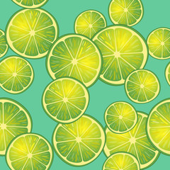 Vector illustration of lime slices on turquoise background in different angles. Pattern.