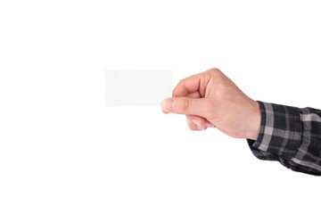 Hand holding blank business card isolated on white
