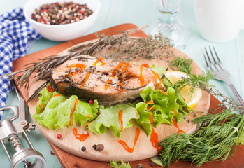 Baked red fish steak