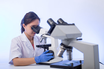 Laboratory microscope research. Scientist people study and anlaysis in lab room.