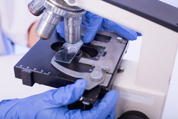 Laboratory microscope research. Scientist people study and anlaysis in lab room.