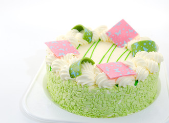 Cream cake on white tray