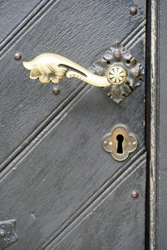 brass door knob of a grey door