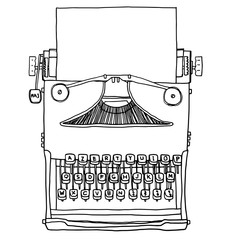 vector blue old Typewriter with paper  hand drawn cute line art