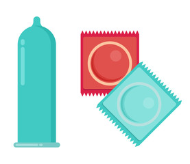 Condom and packages. Vector flat illustration.