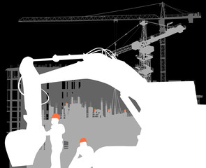 Fototapeta premium digger in front of house building and cranes on black