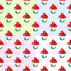 Four baby seamless pattern with mushroom with red cap, white dots and white stipe - fly bane, on a green, blue, pink and white background