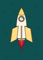 Space rocket flying in sky, flat design colored vector 