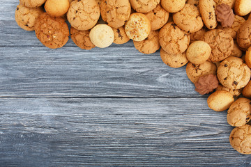 Cookies and biscuits at blue wood with copy space