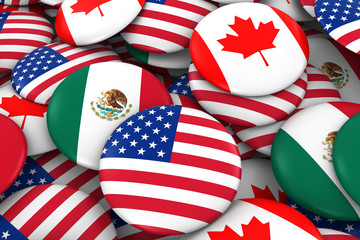 American, Mexican and Canada Flag Badge Pile Background 3D Illustration