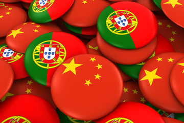 China and Portugal Badges Background - Pile of Chinese and Portuguese Flag Buttons 3D Illustration