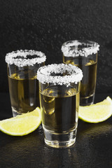 Tequila with salt and lime on a dark background
