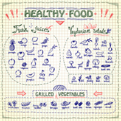 Healthy food menu list with hand drawn assorted fruits and vegetables graphic symbols