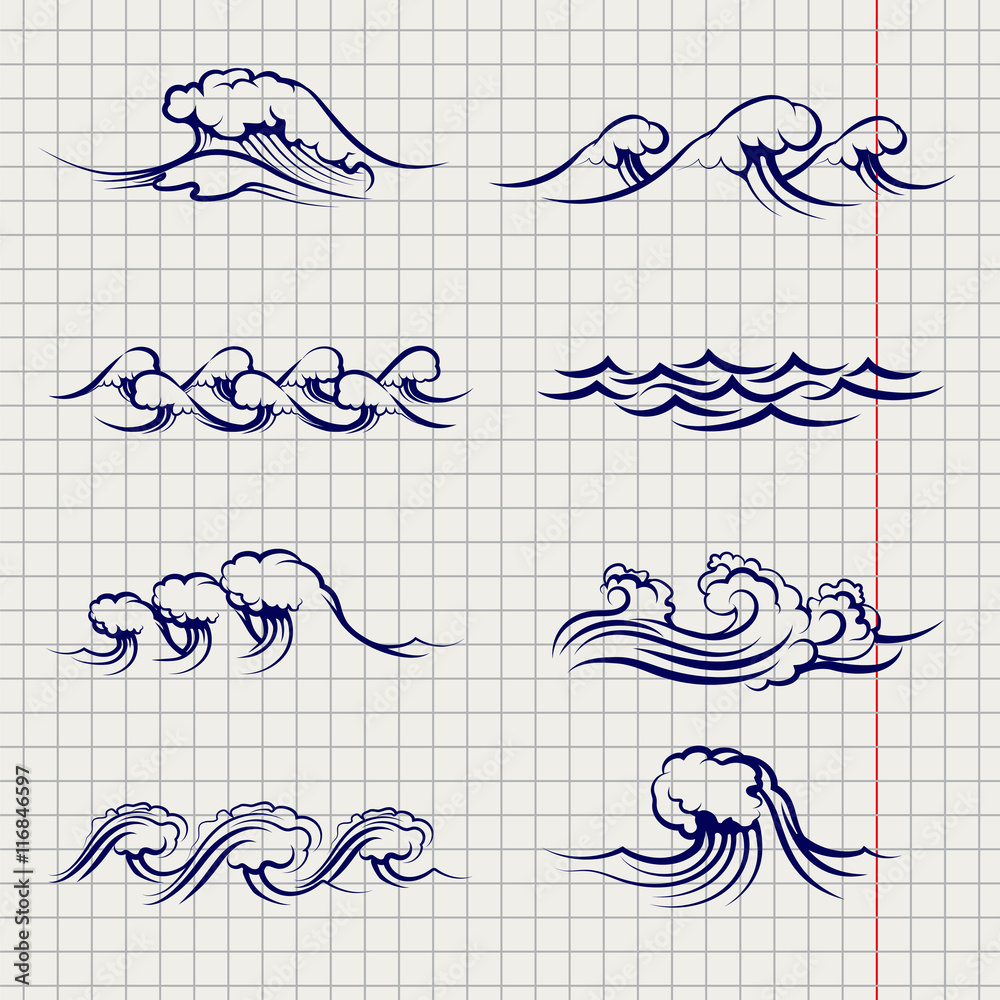 Wall mural hand drawn waves set. sketch of waves on notebook page. vector illustration