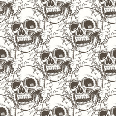Seamless pattern with hand drawn skull and smoke. Vector illustration