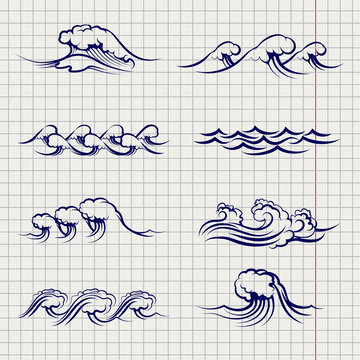 Hand drawn waves set. Sketch of waves on notebook page. Vector illustration