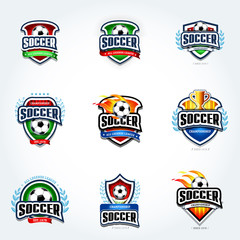 Naklejka premium Soccer logo set. Football logotypes. Set of soccer football crests and logo template emblem designs, logotypes design concepts of football icons. Collection of Soccer Themed T shirt Graphics