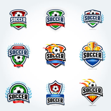 Soccer logo set. Football logotypes. Set of soccer football crests and logo template emblem designs, logotypes design concepts of football icons. Collection of Soccer Themed T shirt Graphics