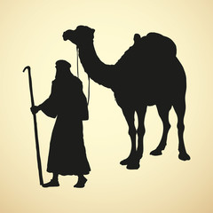 Arab with camel laden. Vector drawing