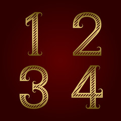 One, two, three, four golden striped numbers with flourishes. Diagonal stripes vintage font.