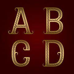 A, B, C, D golden striped letters with flourishes. Diagonal stripes vintage font.