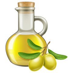 Olive oil in a jar with green olives. Vector illustration.
