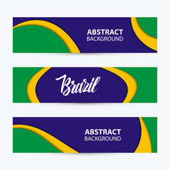 Set of abstract backgrounds in Brazilian flag colors. Handwritten word Brazil. Vector illustration.
