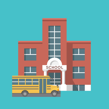 Vector school building and school bus icon. Infographic element. Flat style illustration