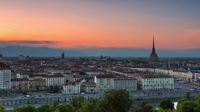 turin skyline timelapse from day to night aerial view