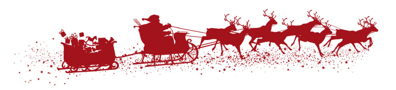 Santa Claus with Reindeer Sleigh and Trailer - Red Vector Silhouette