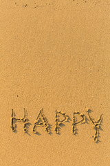 Happy - drawn on a sandy beach in the line of sea surf.