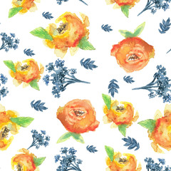 Floral background. Hand painted watercolor. Yellow roses, blue berries.