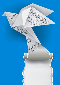 Origami dove with musical notes.
Origami paper pigeon with musical notes ripping paper background. Theme to use for music notebook, posters and hymnals.Vector available.
