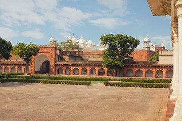 Fototapeta premium Agra Red Fort, a Unesco World Heritage site, and one of the biggest tourist highlights, just 2 km of Taj Mahal. Uttar Pradesh, India.
