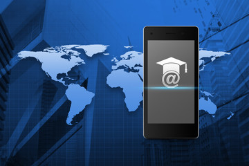 E-learning icon on modern smart phone screen over map and city t