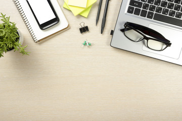 Office desk table with supplies. Top view. Copy space for text