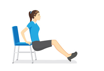Obraz premium Working woman doing office stretching exercises with office chairs in working time.