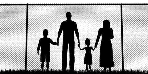 Silhouette of a refugees family with children 
