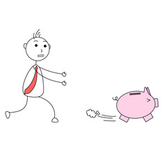 Piggy bank running away from a person