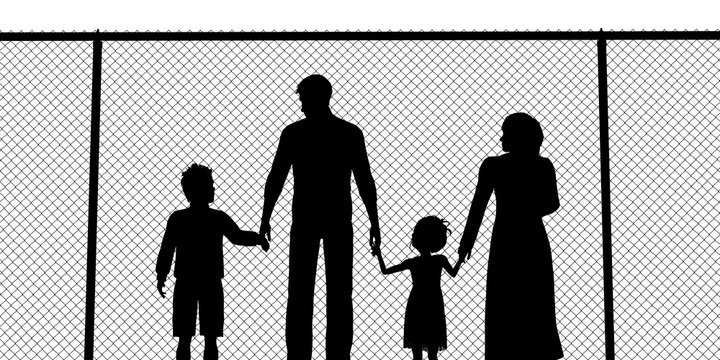 Silhouette of a refugees family with children 
