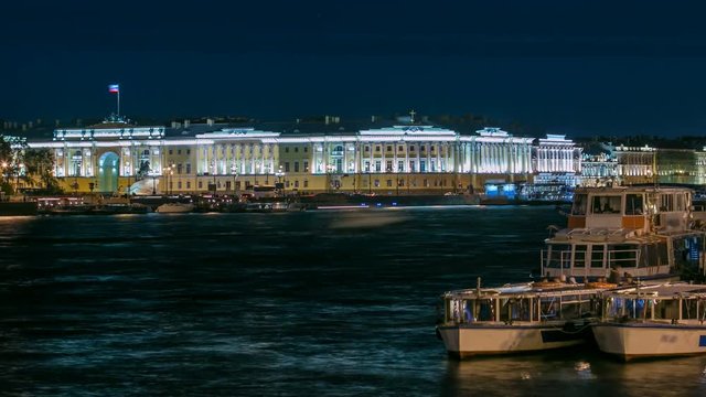 Building of the Russian constitutional court timelapse, Monument to Peter I, building of library of a name of Boris Yeltsin, night illumination. Russia, Saint-Petersburg