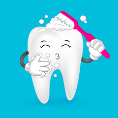 Cute cartoon tooth and toothbrush. Cleaning concept for dental health care.Vector illustration
