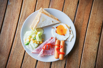 easy breakfast dished on wooden desk